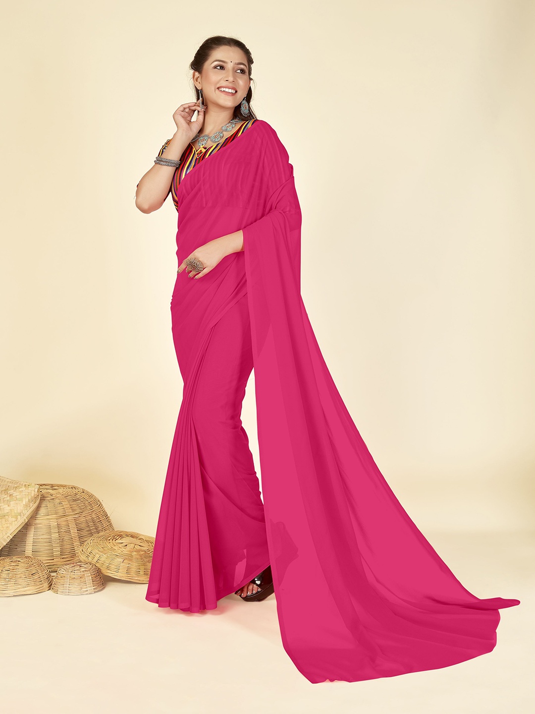 ANAND SAREES Solid Poly Georgette Saree, Pink