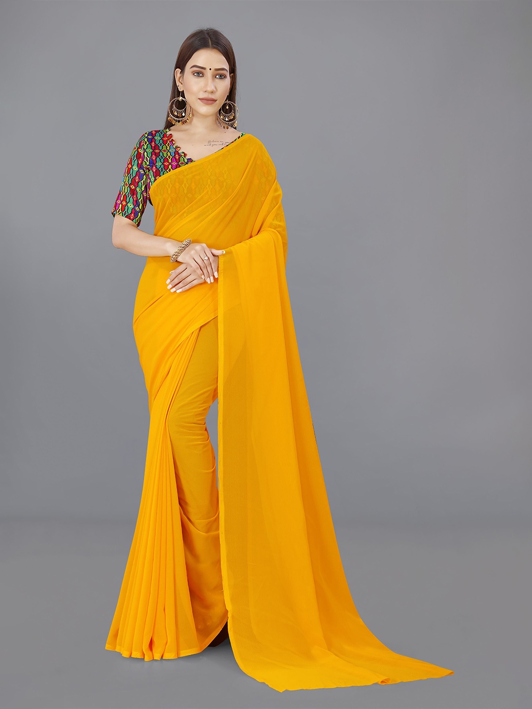 ANAND SAREES Poly Georgette Saree, Yellow