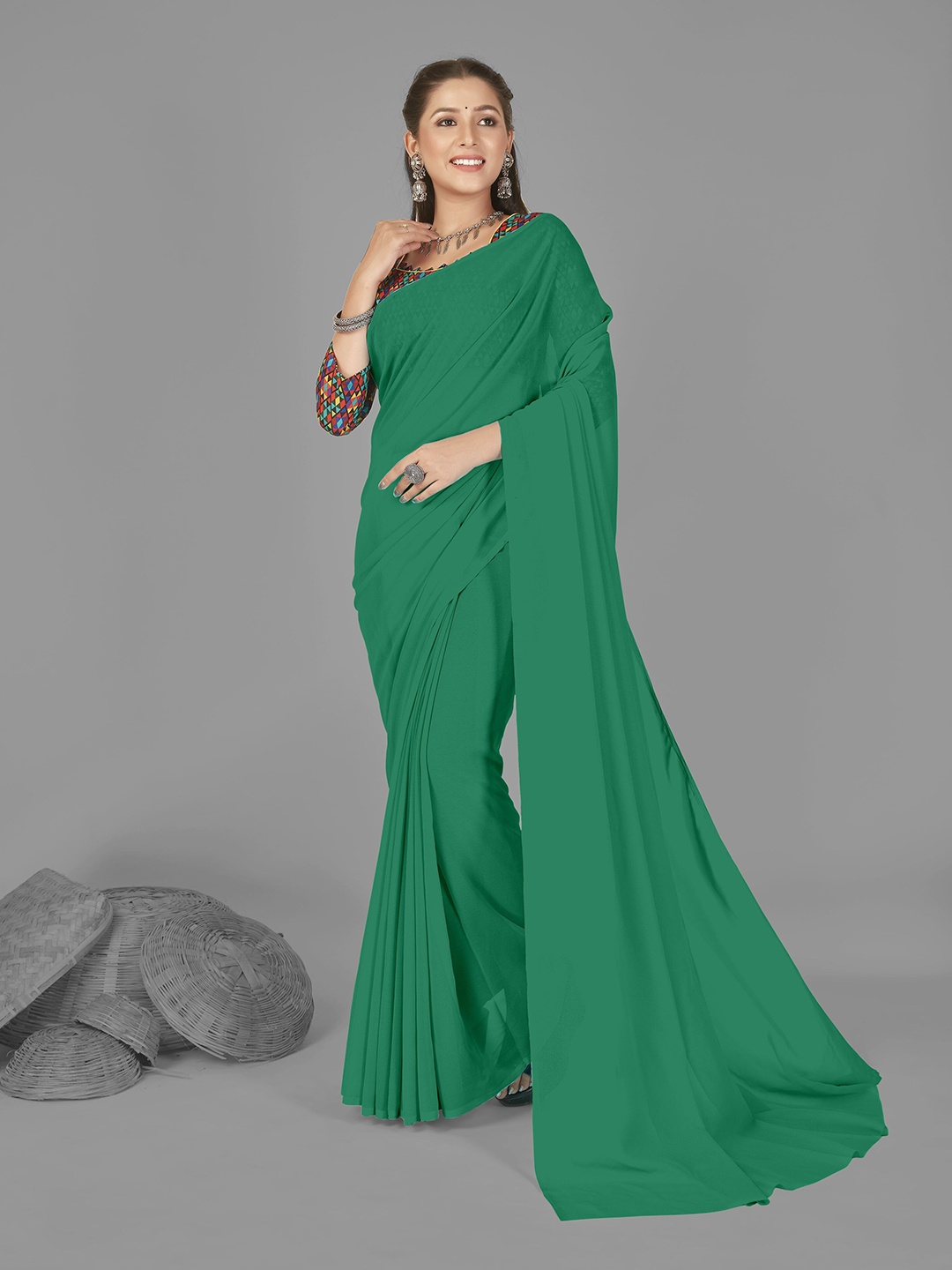 ANAND SAREES Solid Poly Georgette Saree, Green
