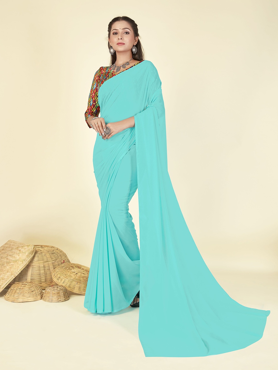 ANAND SAREES Solid Poly Georgette Saree, Blue