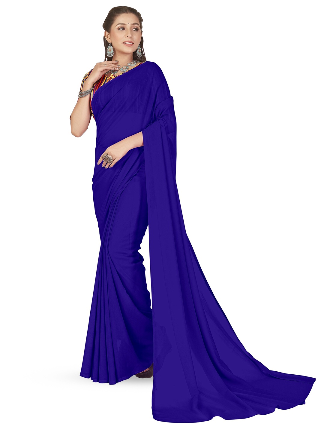 ANAND SAREES Solid Poly Georgette Saree, Blue