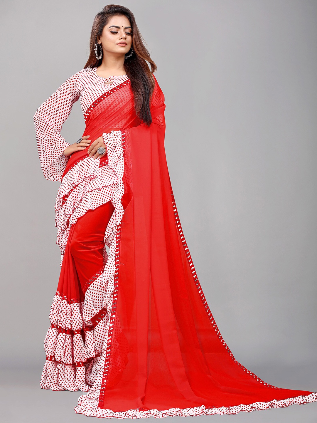 Reeta Fashion Polka Dots Printed Sequinned Ruffles Pure Georgette Saree, Red
Reeta Fashion Polka Dots Printed Sequinned Ruffles Pure Georgette Saree, Red