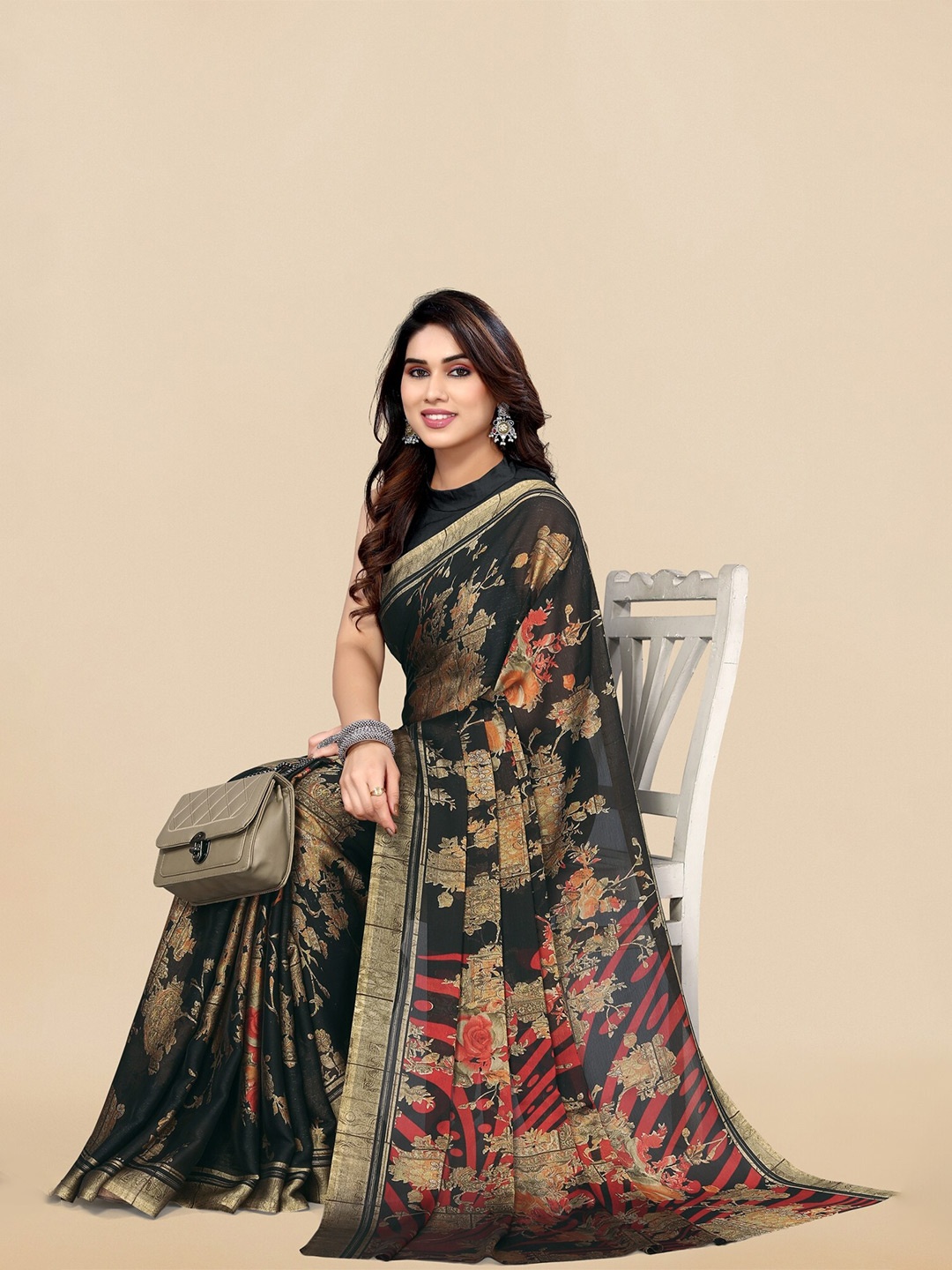 KALINI Floral Printed Saree, Black