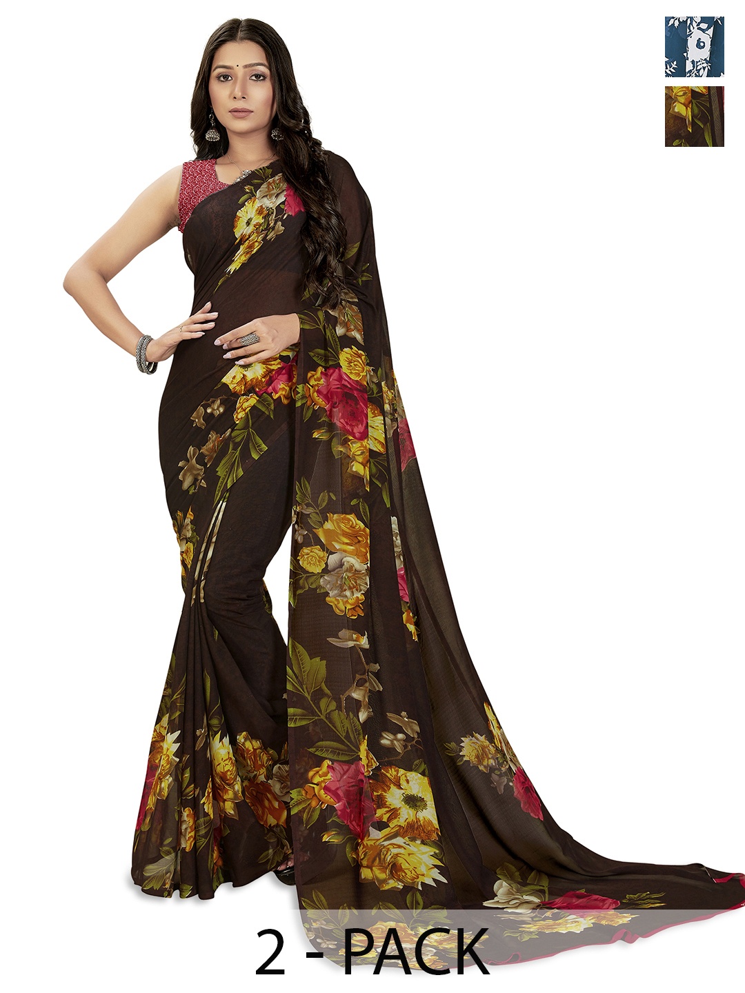 ANAND SAREES Floral Poly Georgette Saree, Brown