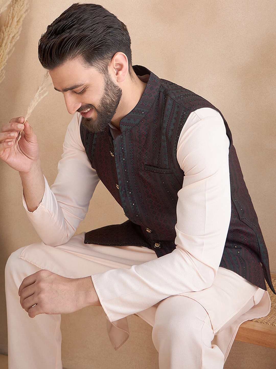 House of Pataudi Jacquard Woven Design Mandarin Collar Nehru Jacket, Black
House of Pataudi Jacquard Woven Design Mandarin Collar Nehru Jacket, Black