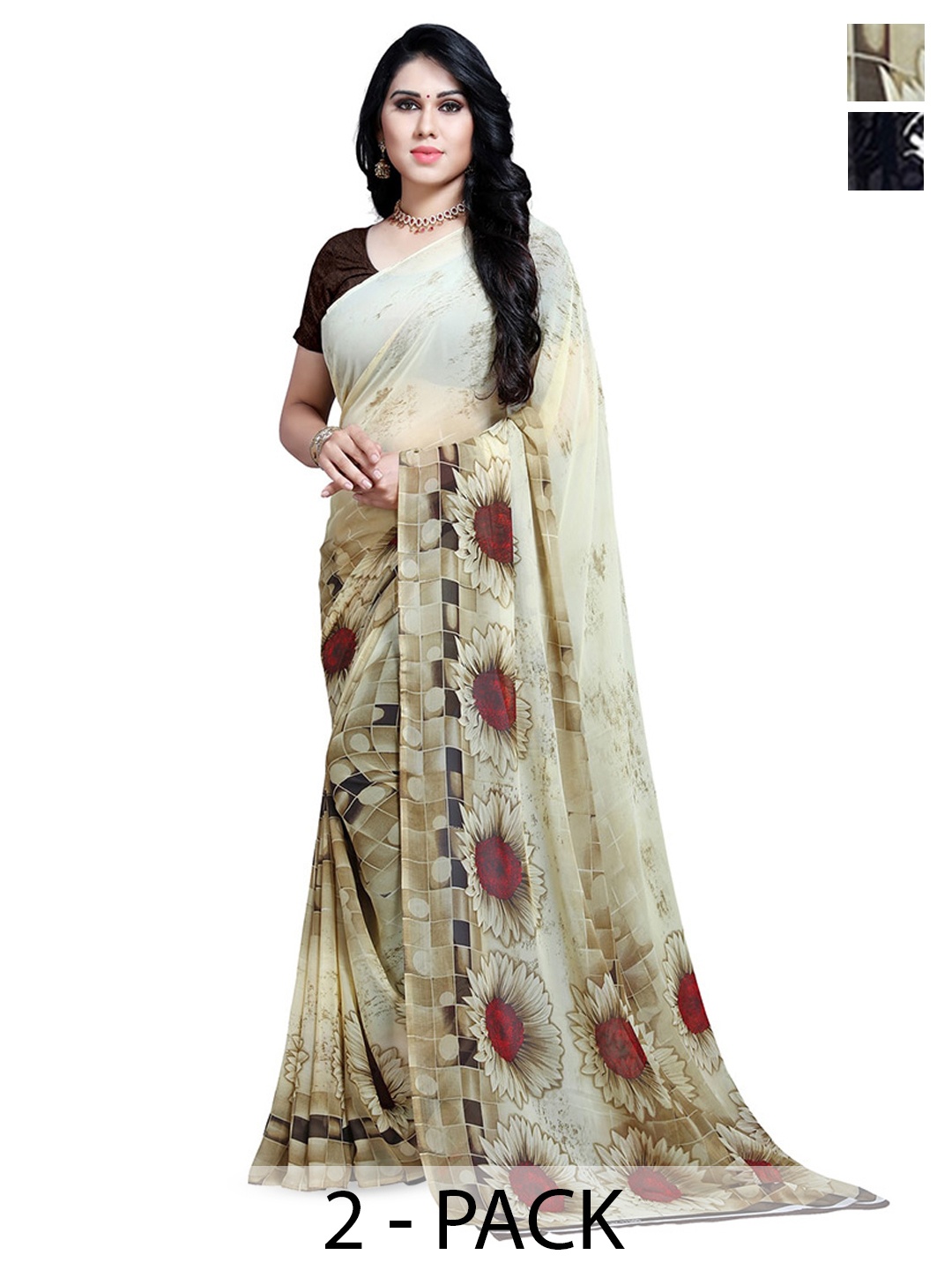 ANAND SAREES Selection Of 2 Floral Saree, Black
