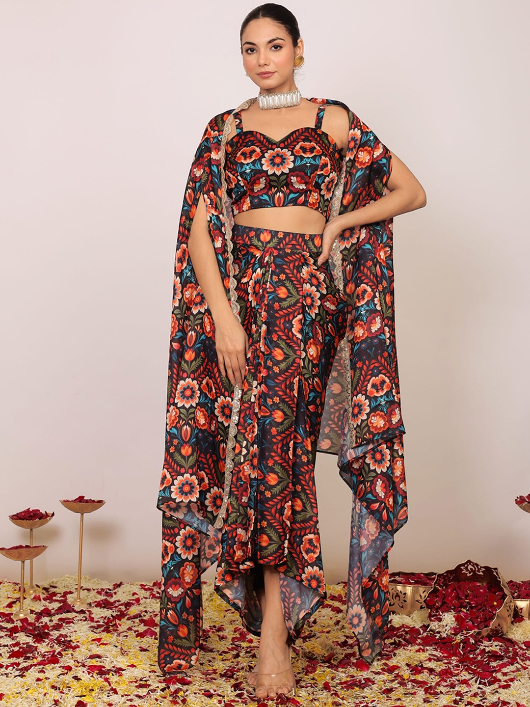 KAORI BY SHREYA AGARWAL Floral Printed Shoulder Straps Linen Top & Skirt With Shrug, Black
KAORI BY SHREYA AGARWAL Floral Printed Shoulder Straps Linen Top & Skirt With Shrug, Black
