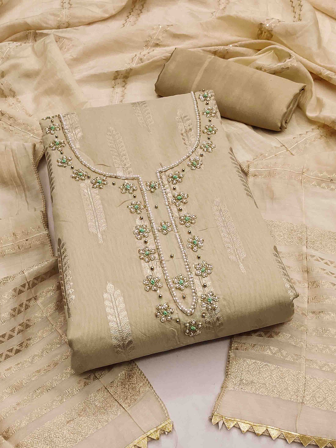 KALINI Ethnic Motifs Woven Design Beads and Stones Unstitched Dress Material, Beige
KALINI Ethnic Motifs Woven Design Beads and Stones Unstitched Dress Material, Beige