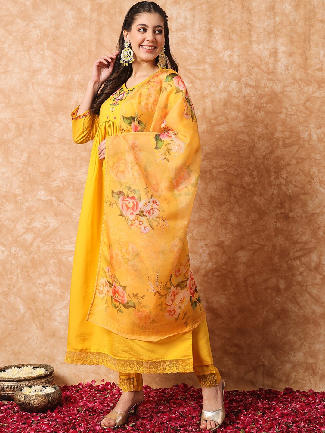 KALINI Floral Embroidered Pleated A-Line Kurta with Trousers & With Dupatta, Yellow
KALINI Floral Embroidered Pleated A-Line Kurta with Trousers & With Dupatta, Yellow