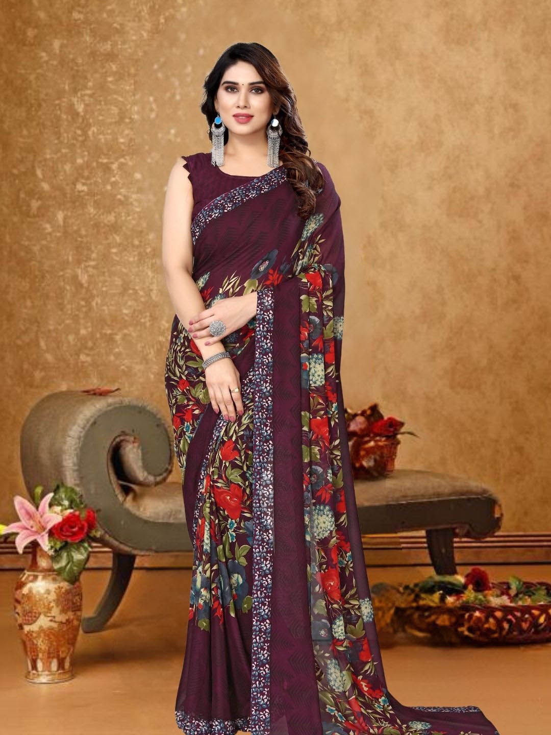 MAGMINA Floral Printed Pure Georgette Banarasi Saree, Purple
