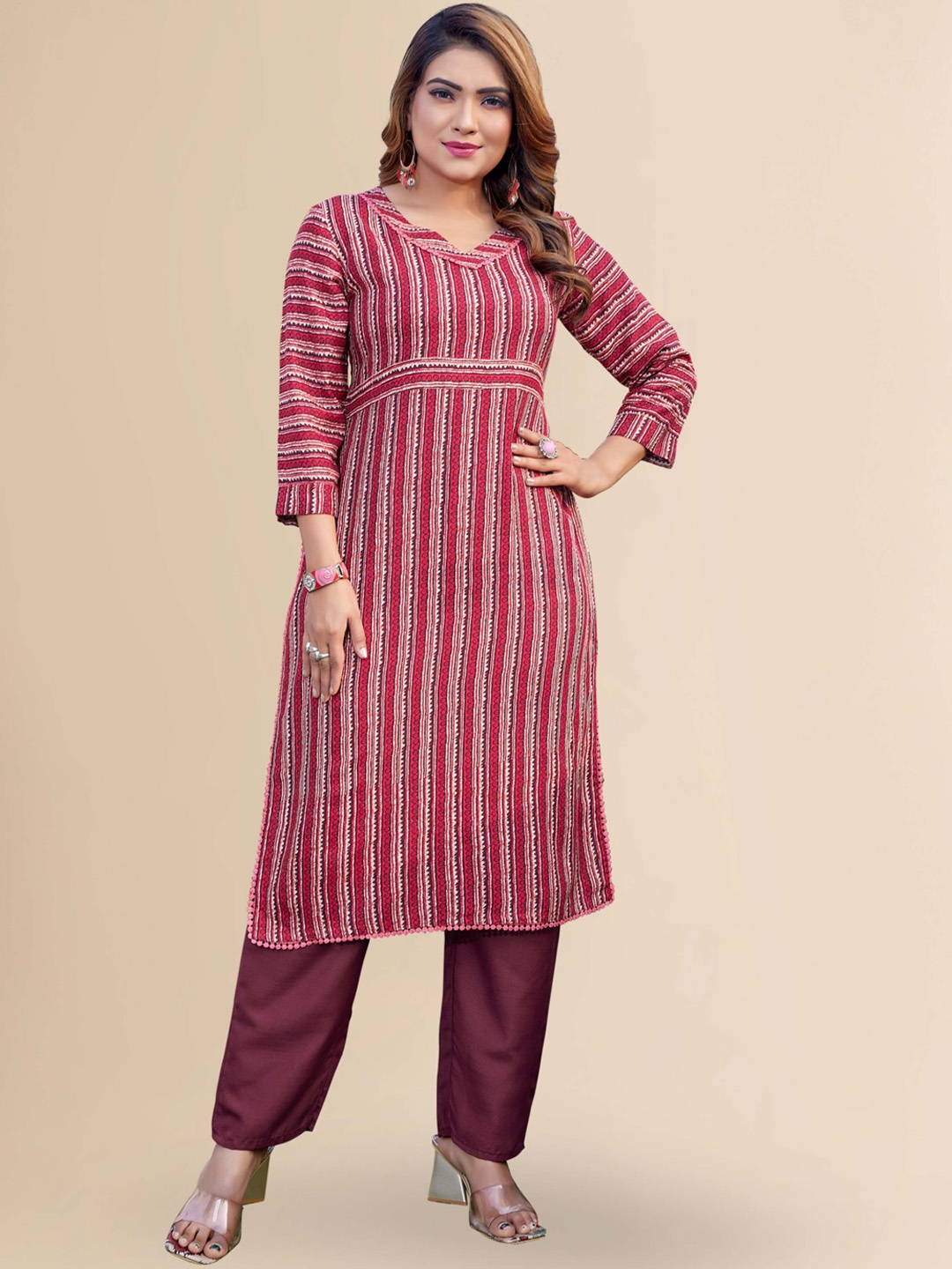 TITANIUM SILK INDUSTRIES PVT. LTD. Striped V-Neck Regular Kurta With Palazzos, Maroon
TITANIUM SILK INDUSTRIES PVT. LTD. Striped V-Neck Regular Kurta With Palazzos, Maroon