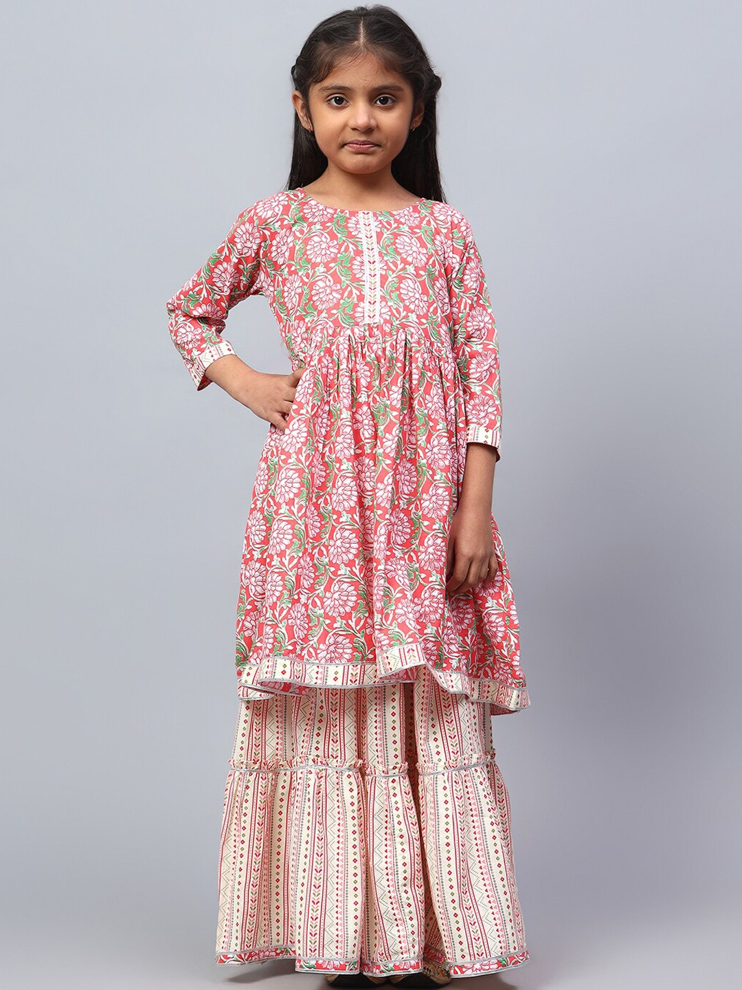 BAESD Girls Floral Printed Empire Gotta Patti Pure Cotton Kurta with Sharara & Dupatta, Pink
BAESD Girls Floral Printed Empire Gotta Patti Pure Cotton Kurta with Sharara & Dupatta, Pink