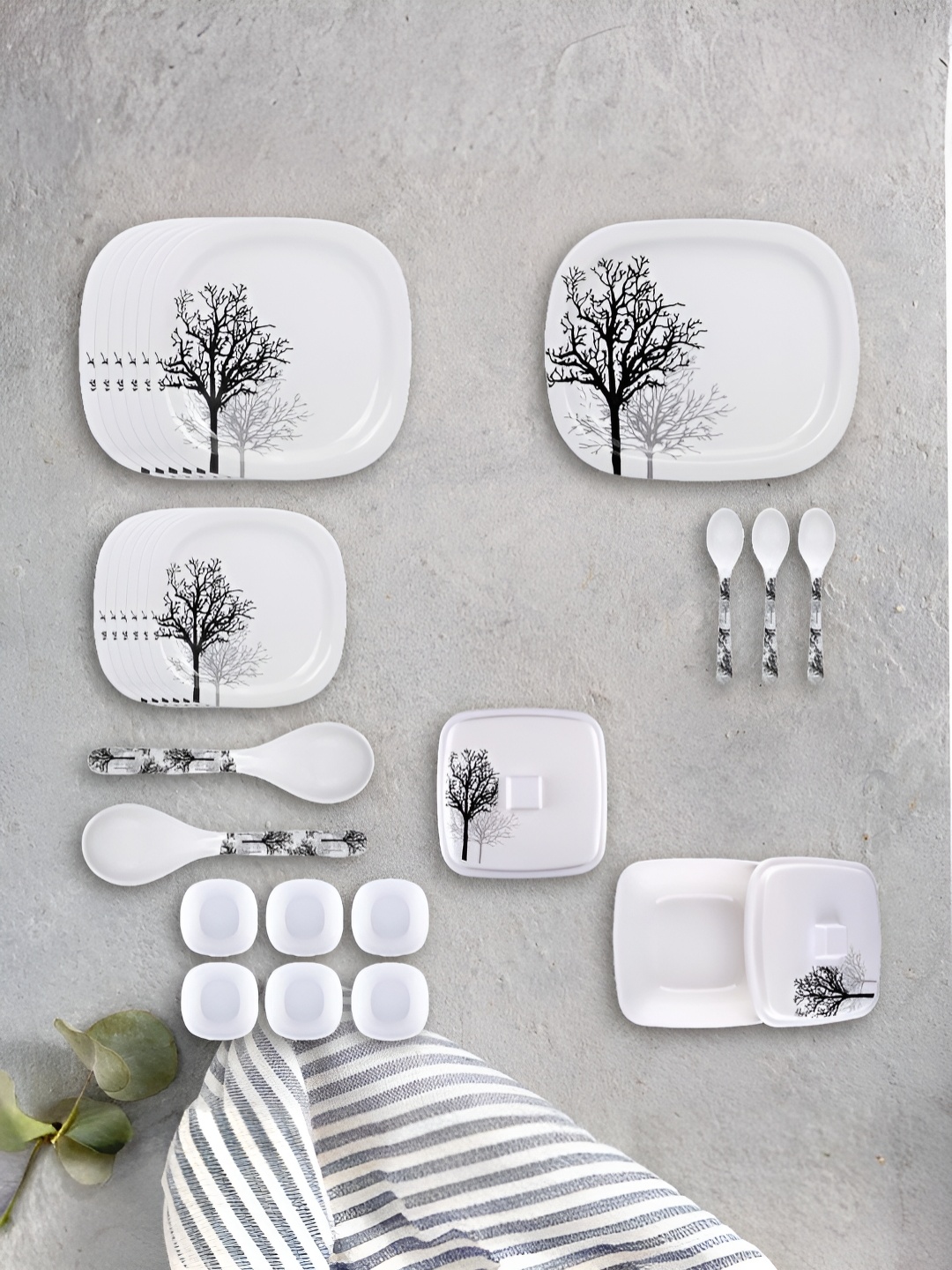 USHA SHRIRAM Black & White 31 Pieces Floral Printed Melamine Dinner Set