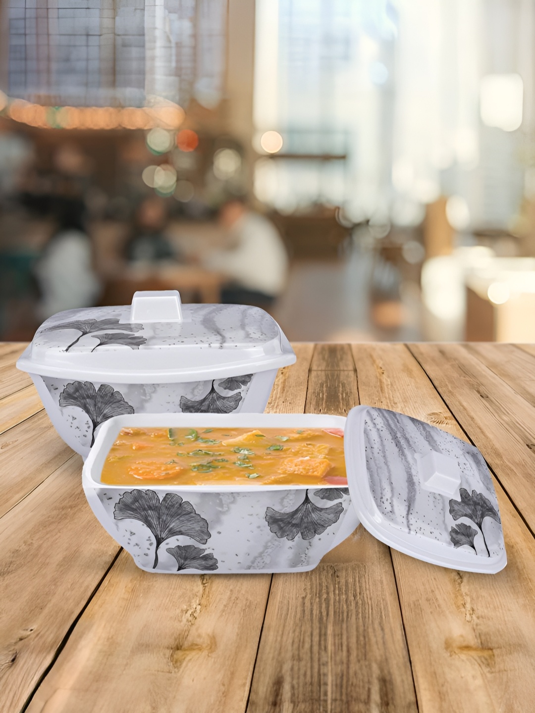 USHA SHRIRAM White Grey 2 Pieces Floral Square Melamine Glossy Bowls With Lids 1.5 L Each, Blue
USHA SHRIRAM White Grey 2 Pieces Floral Square Melamine Glossy Bowls With Lids 1.5 L Each, Blue