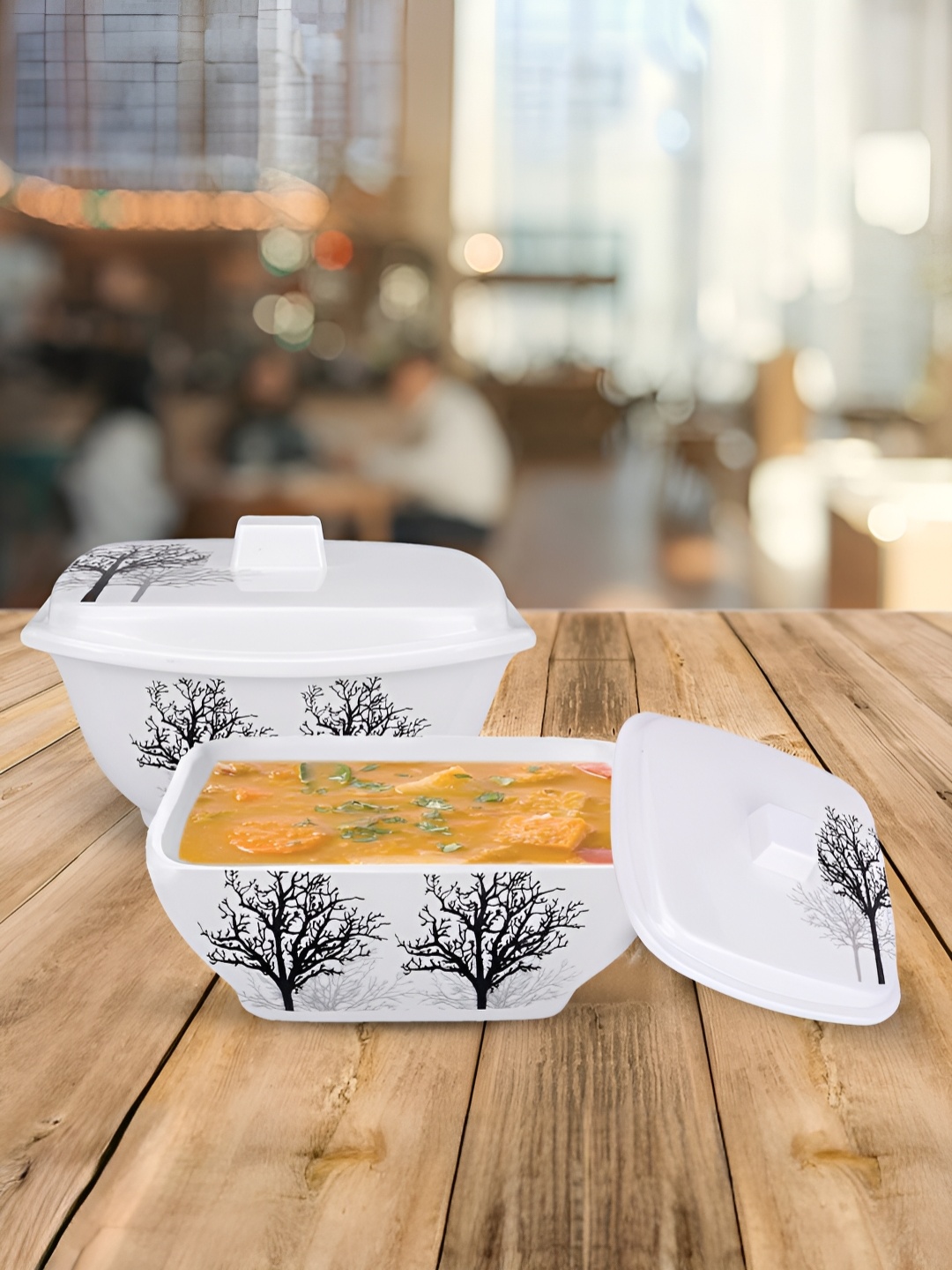 USHA SHRIRAM White & Black 2 Pieces Printed Melamine Glossy Serving Bowls With Lid