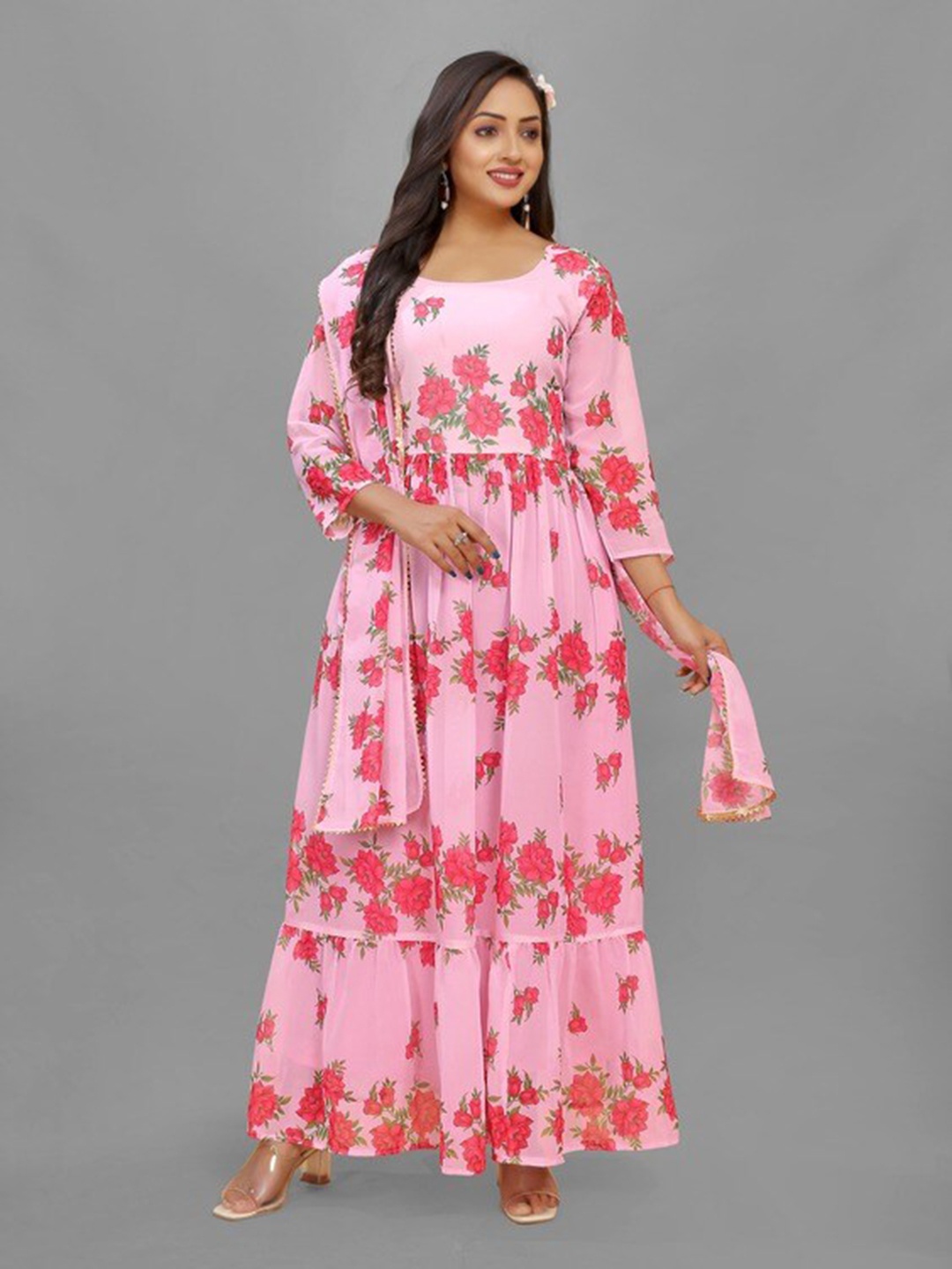 BAESD Floral Print Round Neck Flared Sleeve Georgette Maxi Dress, Red