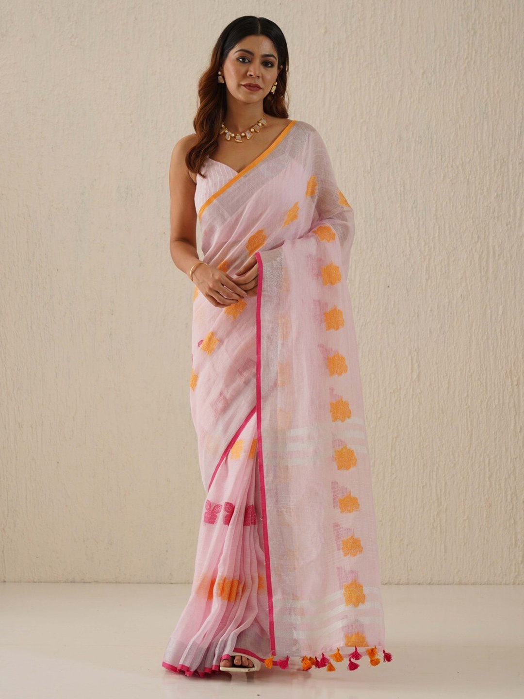Gotitli Woven Design Zari Pure Linen Saree, Pink