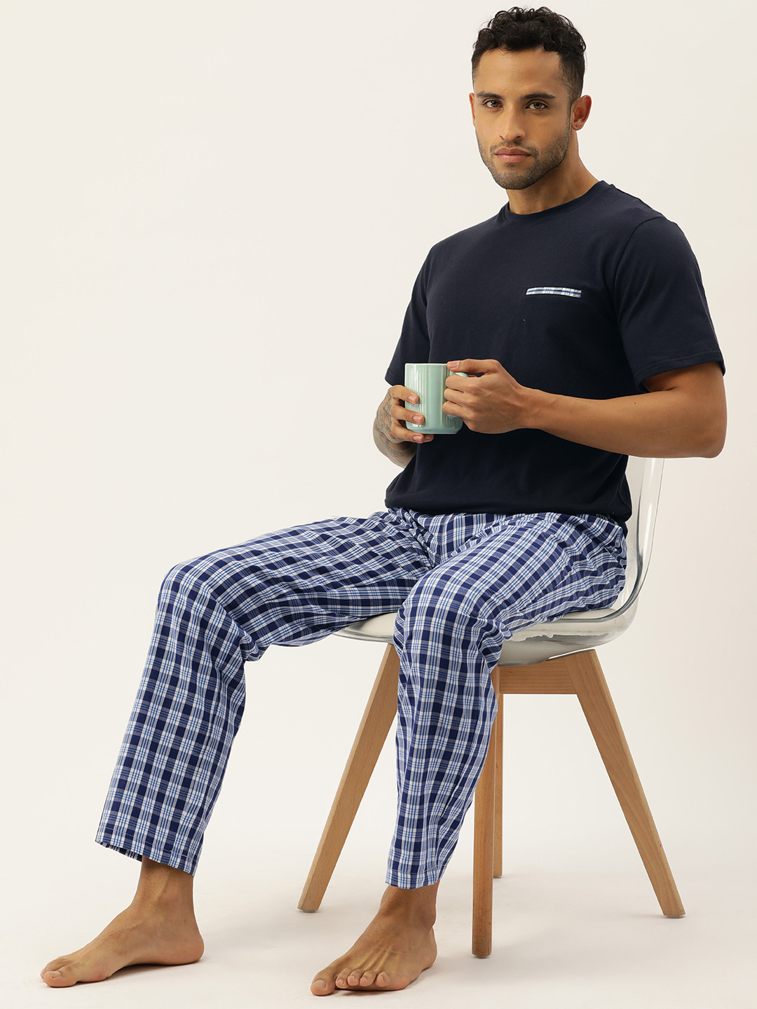 ETC Men Checked Pure Cotton Night Suit, Navy blue 
ETC Men Checked Pure Cotton Night Suit, Navy blue