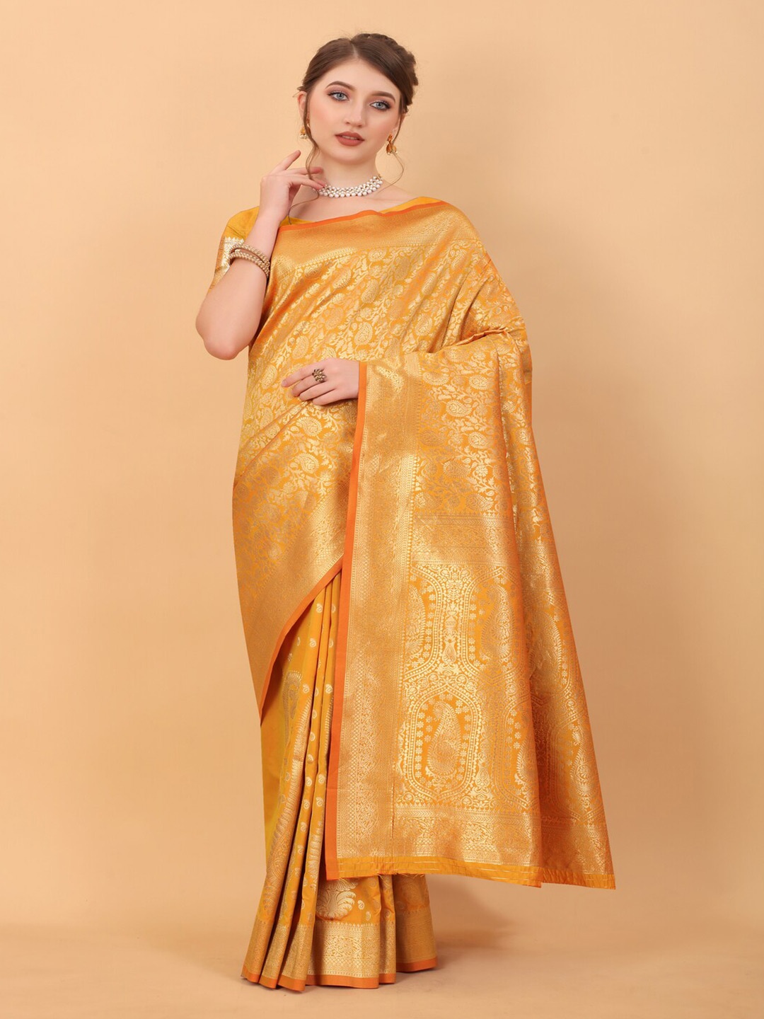 HIRAPARA ENTERPRICE Ethnic Motifs Woven Design Zari Pure Silk Banarasi Saree, Yellow
HIRAPARA ENTERPRICE Ethnic Motifs Woven Design Zari Pure Silk Banarasi Saree, Yellow