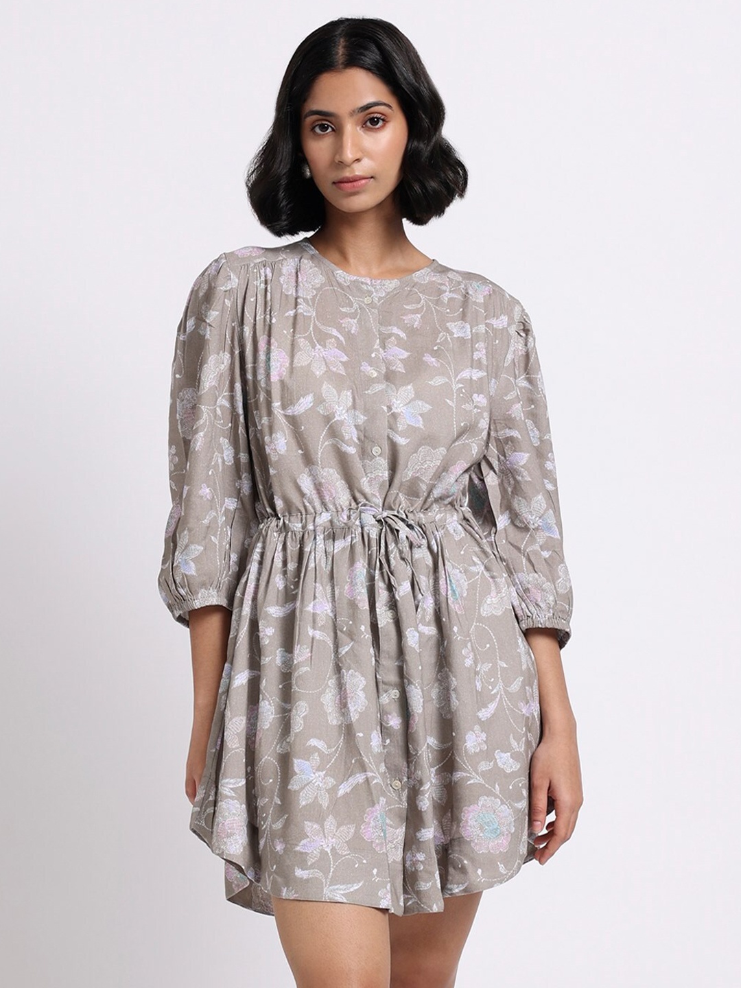 Bombay Bloom Floral Printed Linen Fit & Flare Dress, Beige