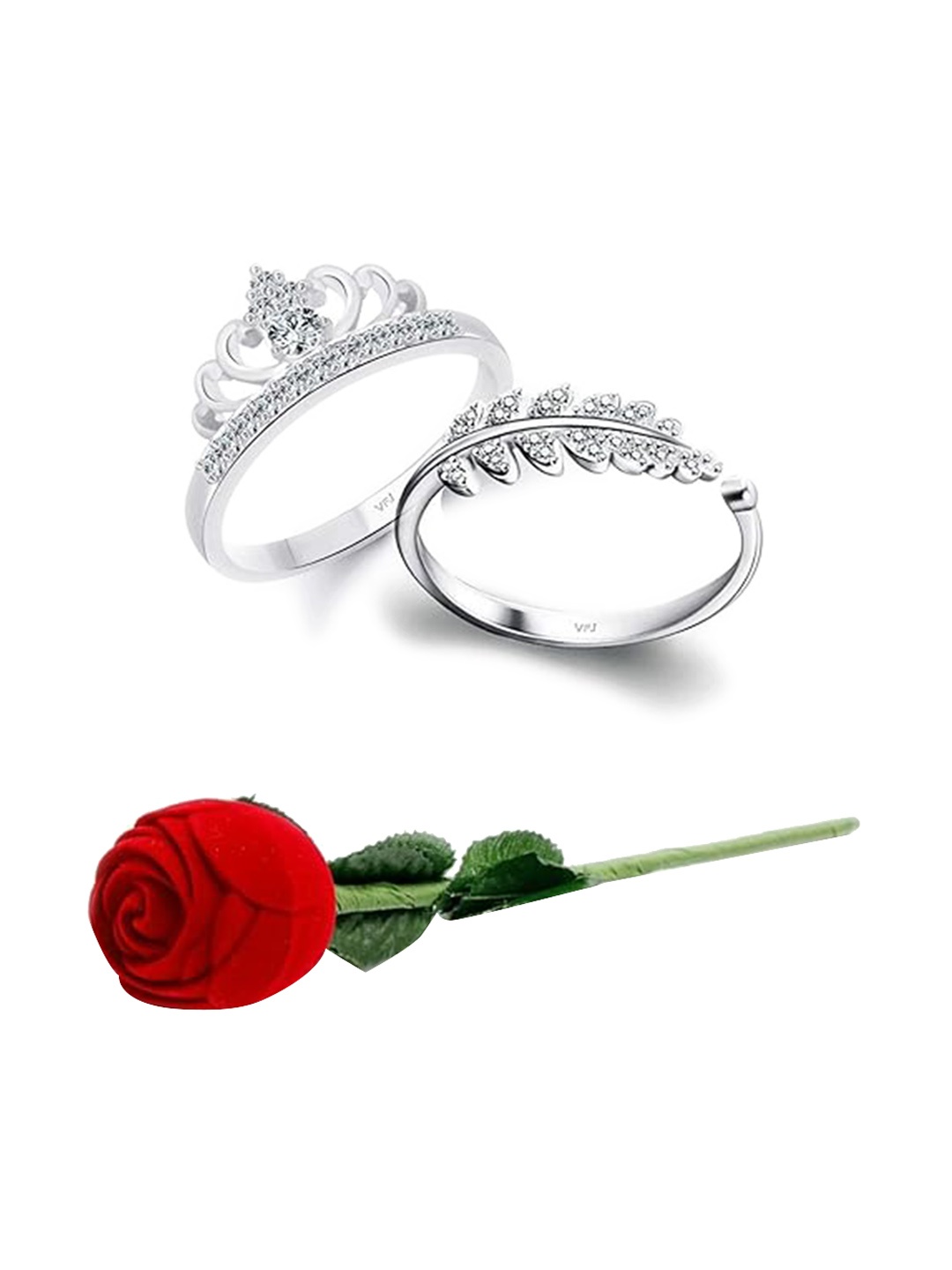 Vighnaharta Set of 2 Rhodium-Plated CZ Stone Studded Taj & Leaf Couple Ring With Rose Box, Silver
Vighnaharta Set of 2 Rhodium-Plated CZ Stone Studded Taj & Leaf Couple Ring With Rose Box, Silver