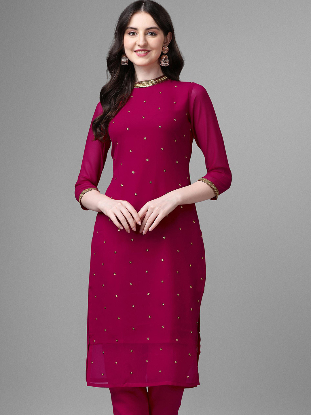 GORGONE Geometric Embroidered Regular Sleeves Thread Work Georgette Kurta, Pink
GORGONE Geometric Embroidered Regular Sleeves Thread Work Georgette Kurta, Pink