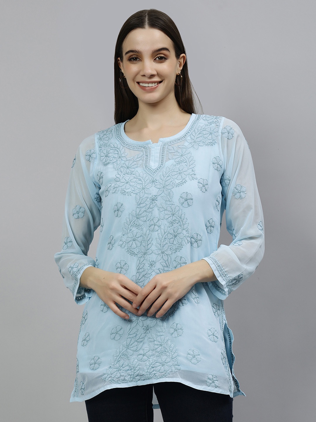 Seva Chikan Floral Embroidered Notched Neck Lucknowi Chikankari Georgette Straight Kurti, Blue
Seva Chikan Floral Embroidered Notched Neck Lucknowi Chikankari Georgette Straight Kurti, Blue
