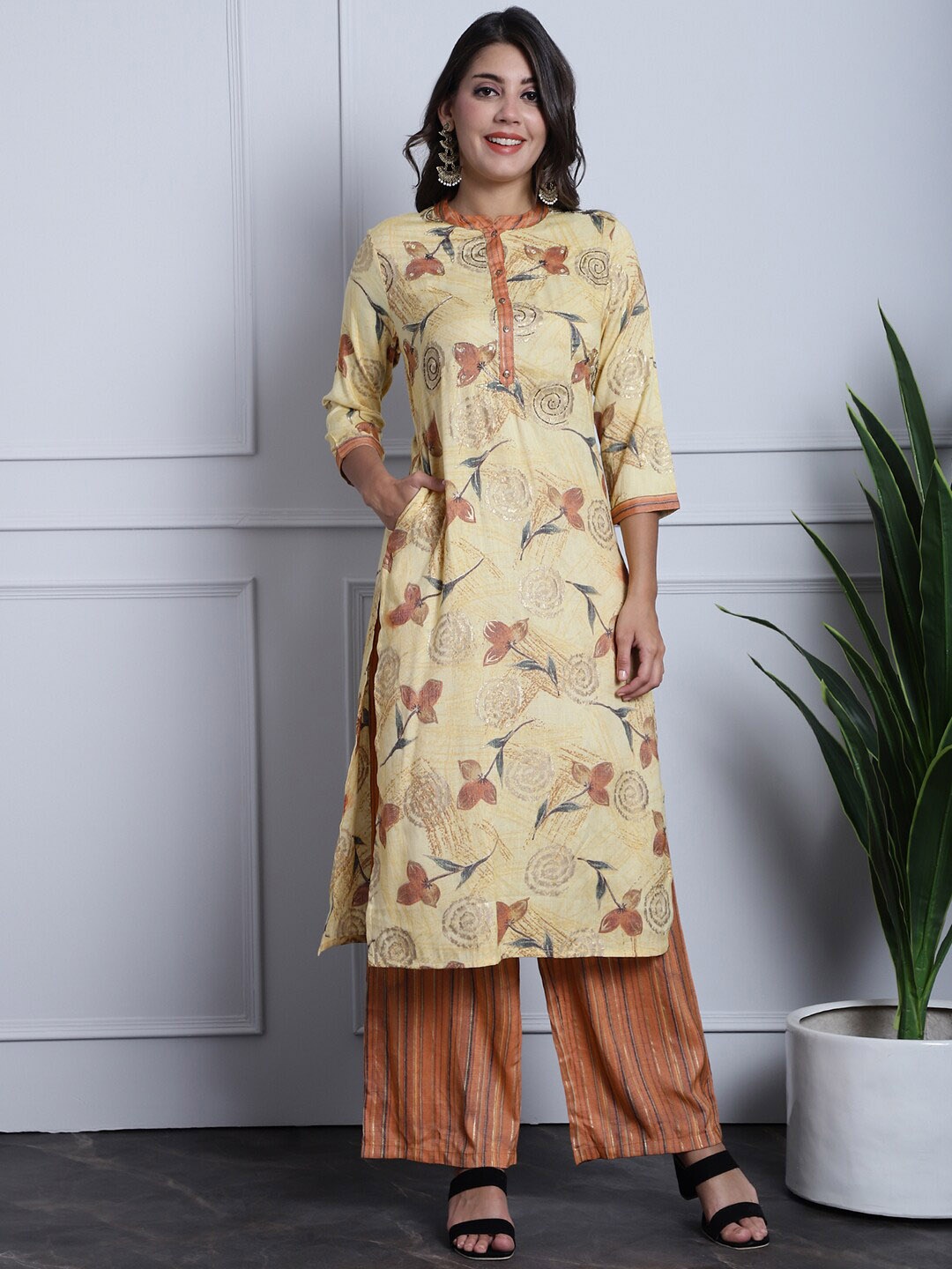 Grancy Floral Printed Regular Beads And Stones Embellished Kurta With Palazzos, Mustard
Grancy Floral Printed Regular Beads And Stones Embellished Kurta With Palazzos, Mustard