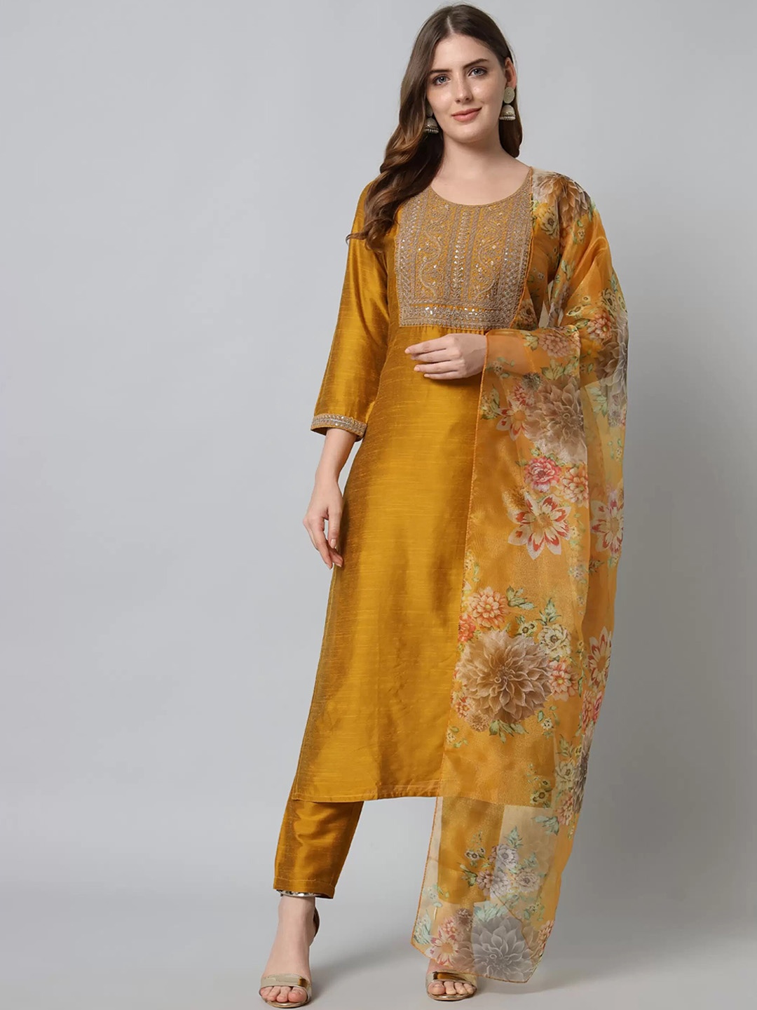 Royal Export Yoke Design Embroidered Cotton Silk Straight Kurta With Trousers & Dupatta, Mustard
Royal Export Yoke Design Embroidered Cotton Silk Straight Kurta With Trousers & Dupatta, Mustard