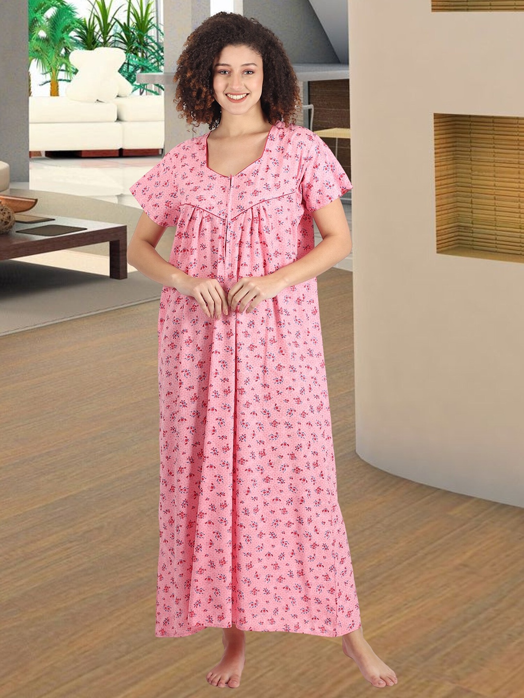 Noty Floral Printed Square Neck Maxi Nightdress, Pink
