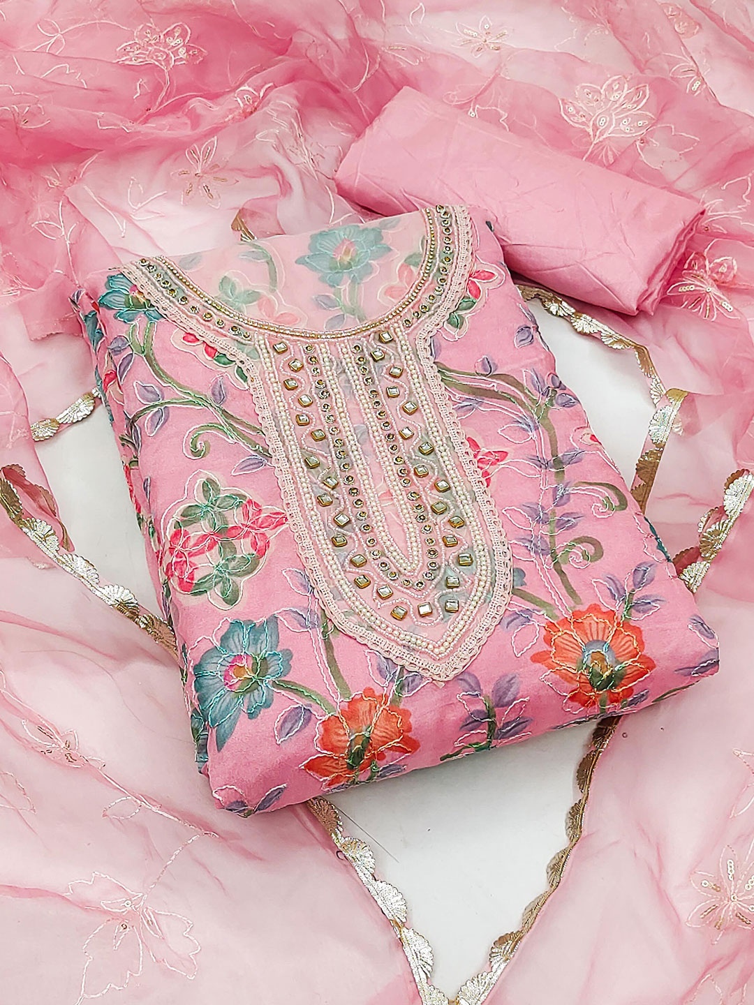 MANVAA Floral Printed Beads and Stones Detailed Organza Unstitched Dress Material, Pink
MANVAA Floral Printed Beads and Stones Detailed Organza Unstitched Dress Material, Pink