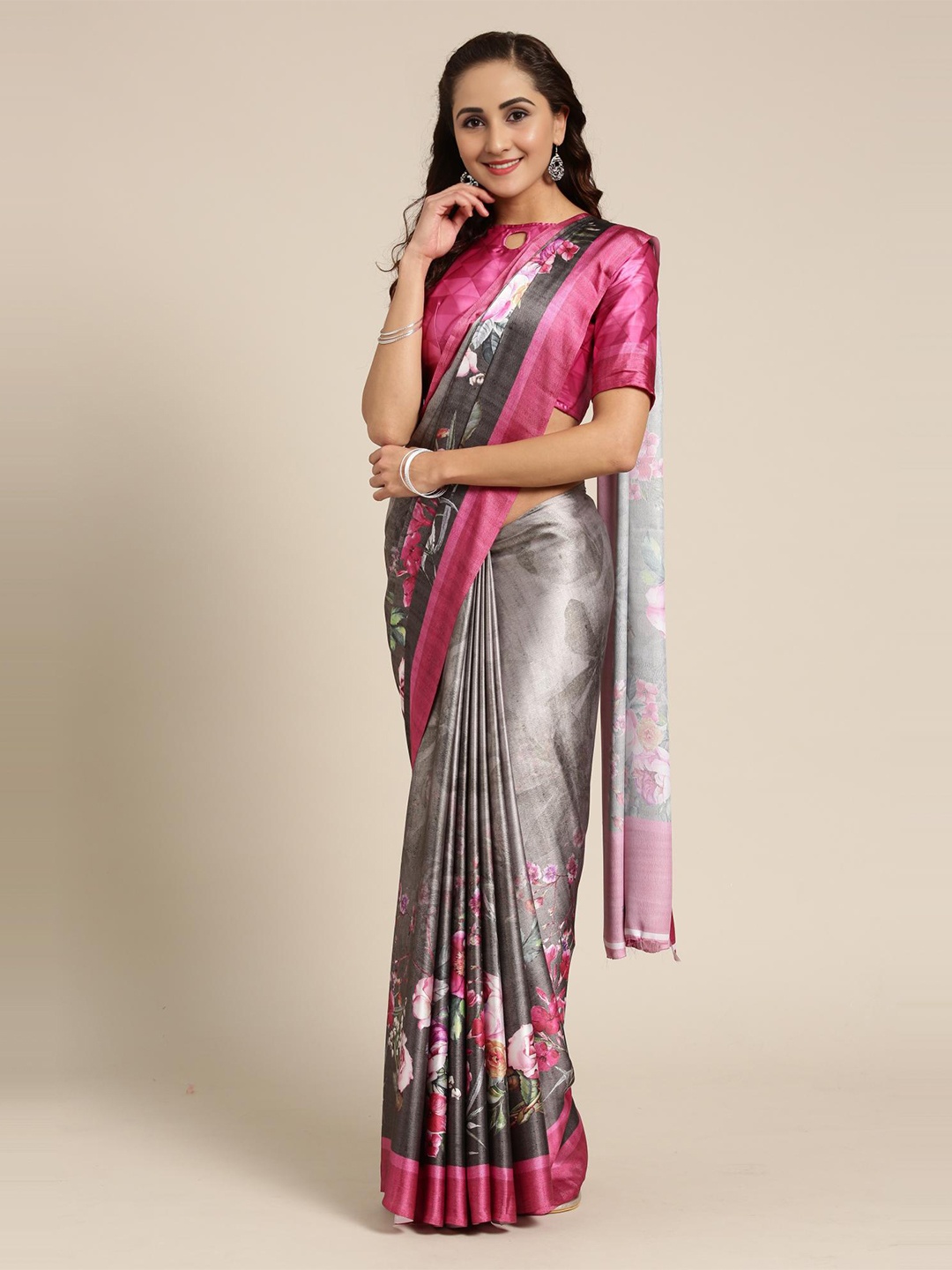 Fevinaa Floral Printed Satin Silk Saree, Grey