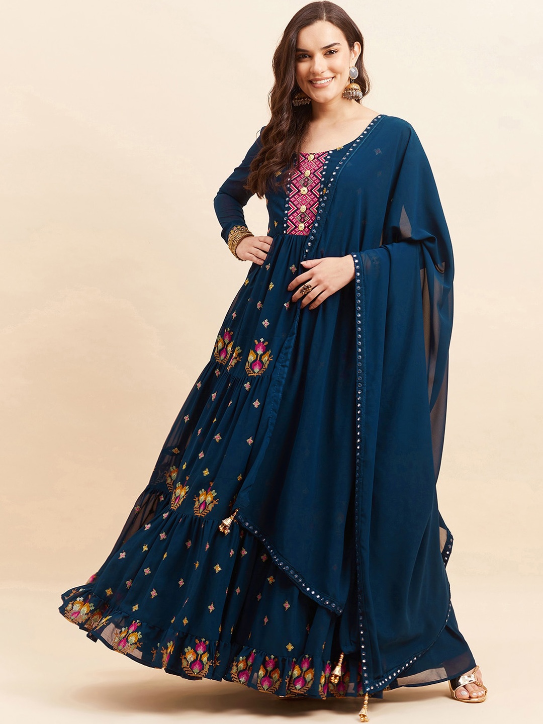 KALINI Ethnic Motifs Embroidered Georgette Fit and Flare Maxi Ethnic Dresses With Dupatta, Teal
KALINI Ethnic Motifs Embroidered Georgette Fit and Flare Maxi Ethnic Dresses With Dupatta, Teal