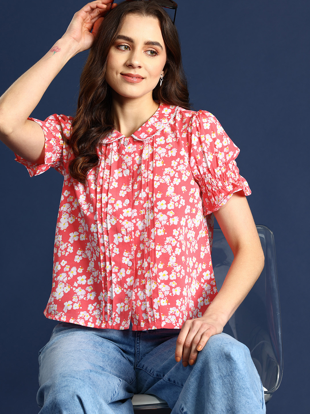 Mast & Harbour Floral Print Peter Pan Collar Puff Sleeves Shirt Style Top, Red 
Mast & Harbour Floral Print Peter Pan Collar Puff Sleeves Shirt Style Top, Red