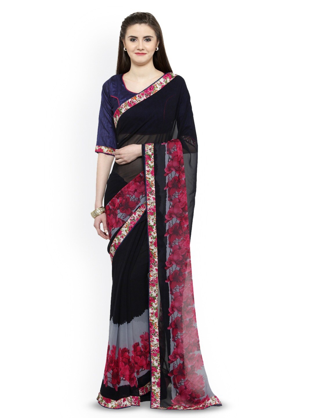 KALINI Floral Printed Saree, Black