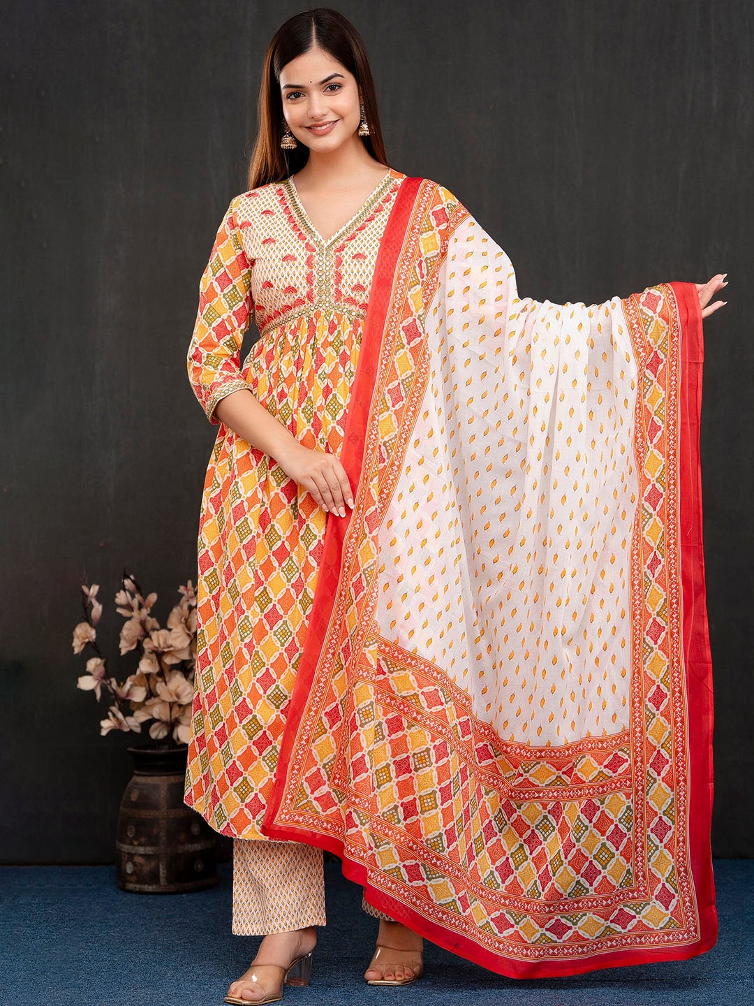 OMASK Geometric Printed Empire Aari Work Pure Cotton Kurta With Trousers & Dupatta, Orange
OMASK Geometric Printed Empire Aari Work Pure Cotton Kurta With Trousers & Dupatta, Orange