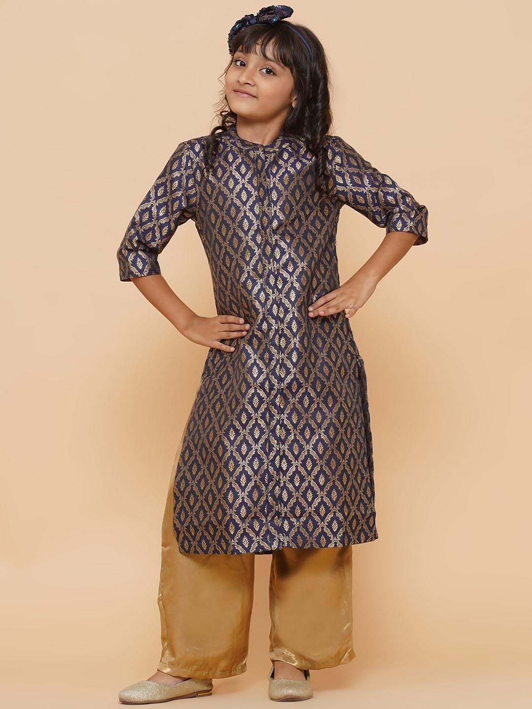 Aks Kids Girls Brocade Mandarin Collar Regular Sleeves Kurta With Palazzos, Navy blue
Aks Kids Girls Brocade Mandarin Collar Regular Sleeves Kurta With Palazzos, Navy blue