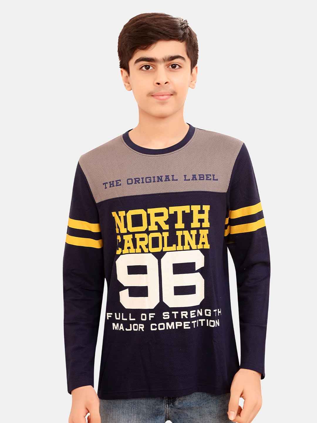 BAESD Boys Typography Printed Round Neck Applique Cotton T-shirt, Navy blue
