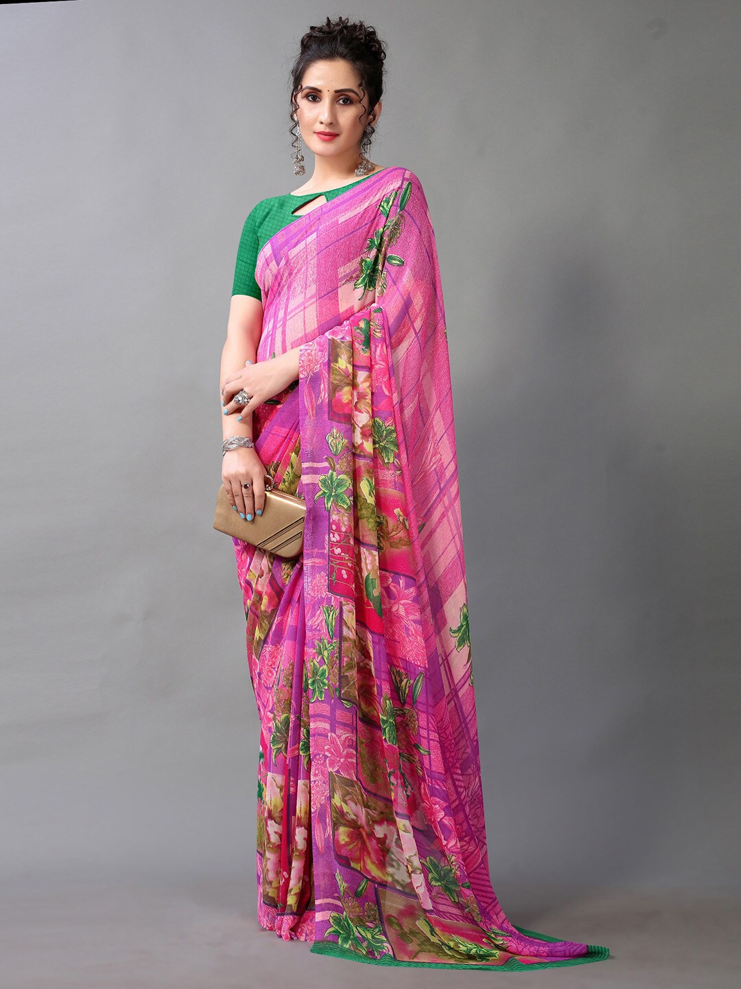 Shaily Floral Printed Saree, Pink