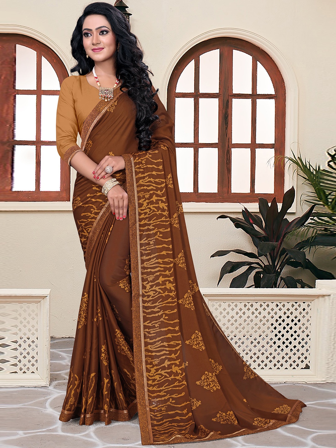 VEDANT VASTRAM Floral Printed Pure Georgette Designer Saree, Brown