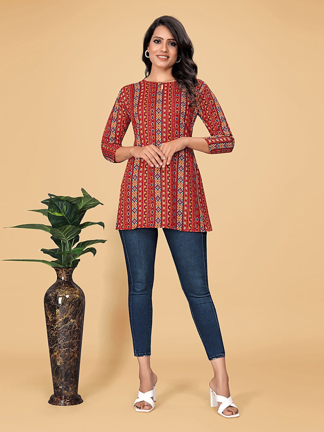 BAESD Geometric Print Cotton Top, Maroon