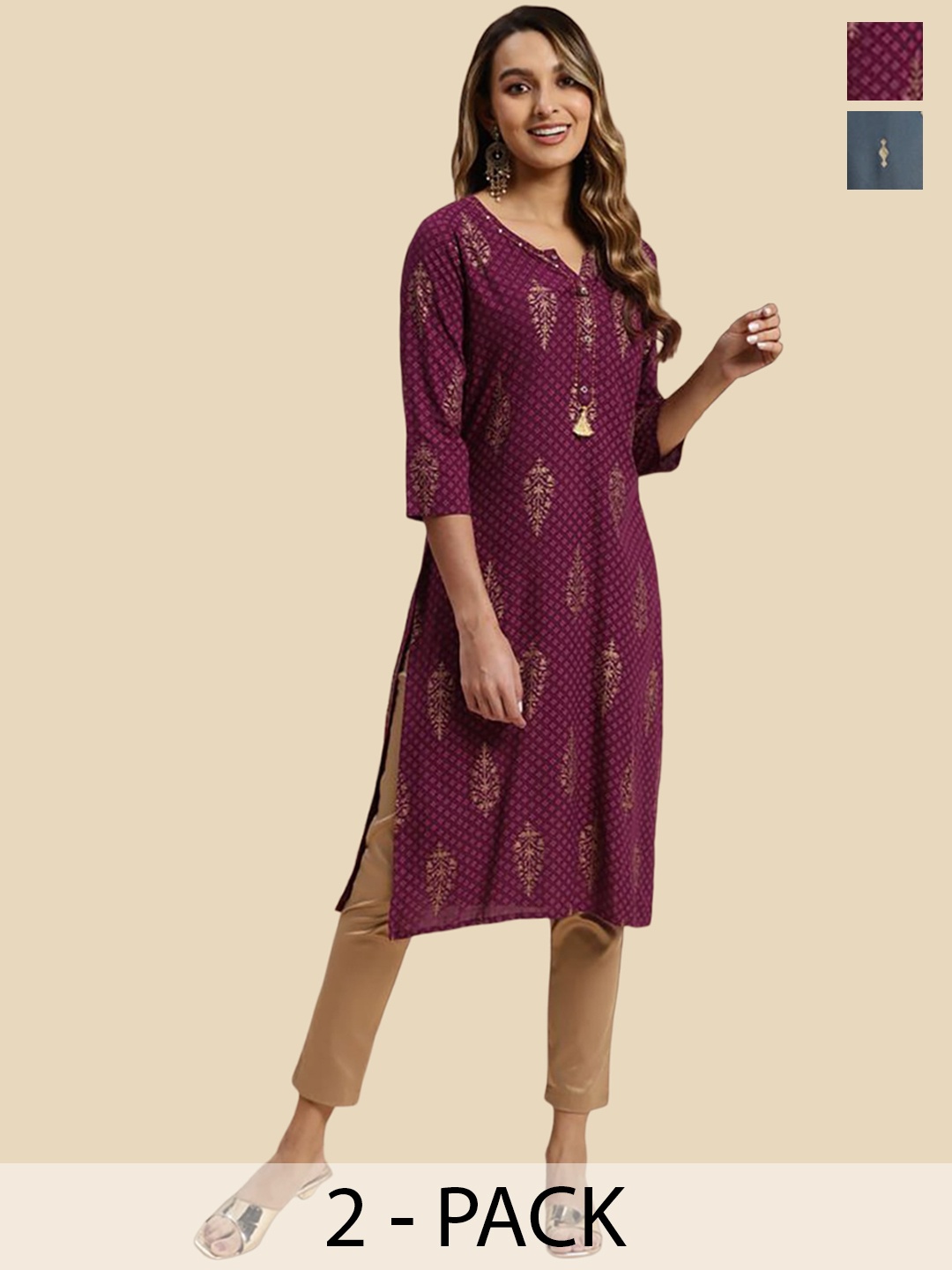 Rangita Selection Of 2 Ethnic Motifs Printed Notched Neck Straight Kurtas, Grey
Rangita Selection Of 2 Ethnic Motifs Printed Notched Neck Straight Kurtas, Grey