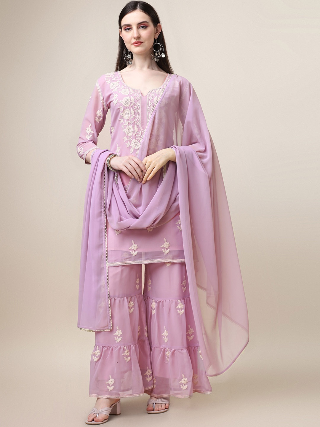 Vaidehi Fashion Floral Embroidered Georgette Thread Work Kurti With Sharara & Dupatta, Lavender
Vaidehi Fashion Floral Embroidered Georgette Thread Work Kurti With Sharara & Dupatta, Lavender
