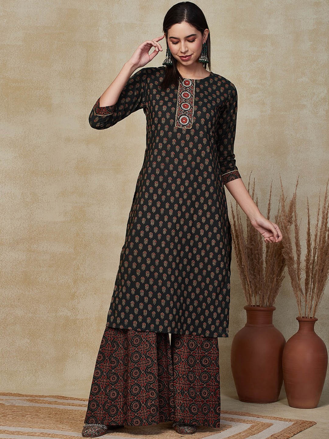 FASHOR Ethnic Motifs Printed Regular Mirror Work Pure Cotton Kurta with Sharara, Olive
FASHOR Ethnic Motifs Printed Regular Mirror Work Pure Cotton Kurta with Sharara, Olive