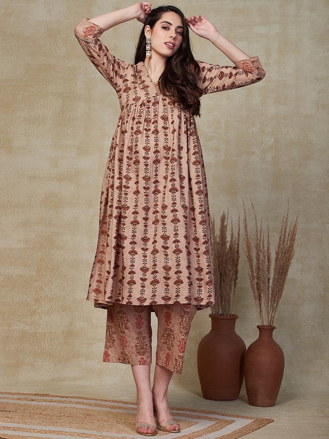 FASHOR Ethnic Motifs Printed Empire Sequinned Pure Cotton Kurta With Palazzos, Brown
FASHOR Ethnic Motifs Printed Empire Sequinned Pure Cotton Kurta With Palazzos, Brown
