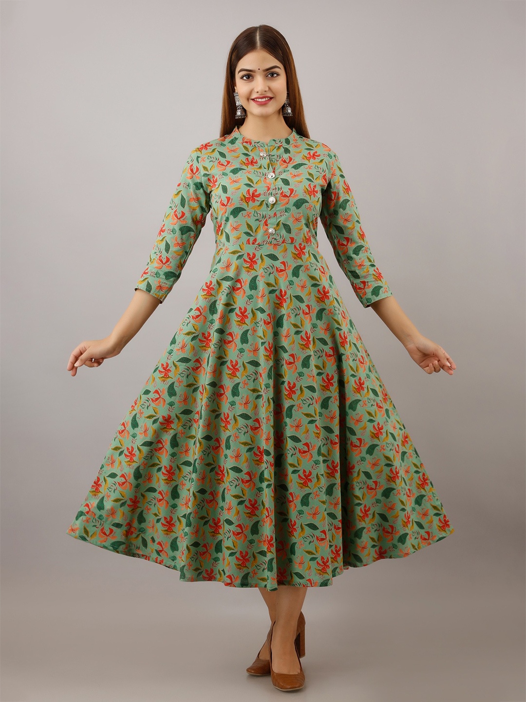 SHOOLIN Floral Printed Mandarin Collar Pure Cotton Fit & Flared Maxi Ethnic Dress, Green
SHOOLIN Floral Printed Mandarin Collar Pure Cotton Fit & Flared Maxi Ethnic Dress, Green