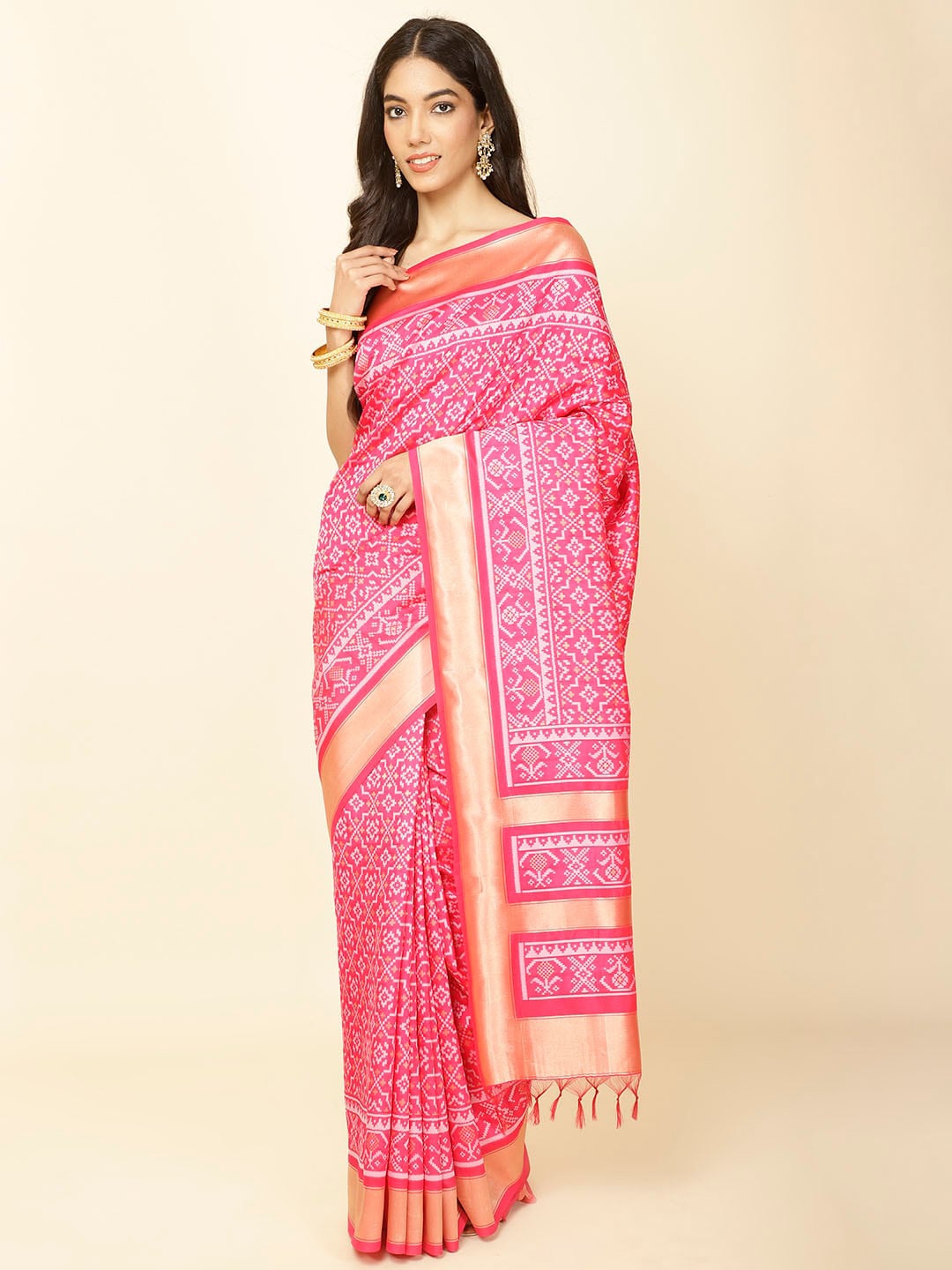 Meena Bazaar Ethnic Motifs Woven Design Zari Saree, Pink