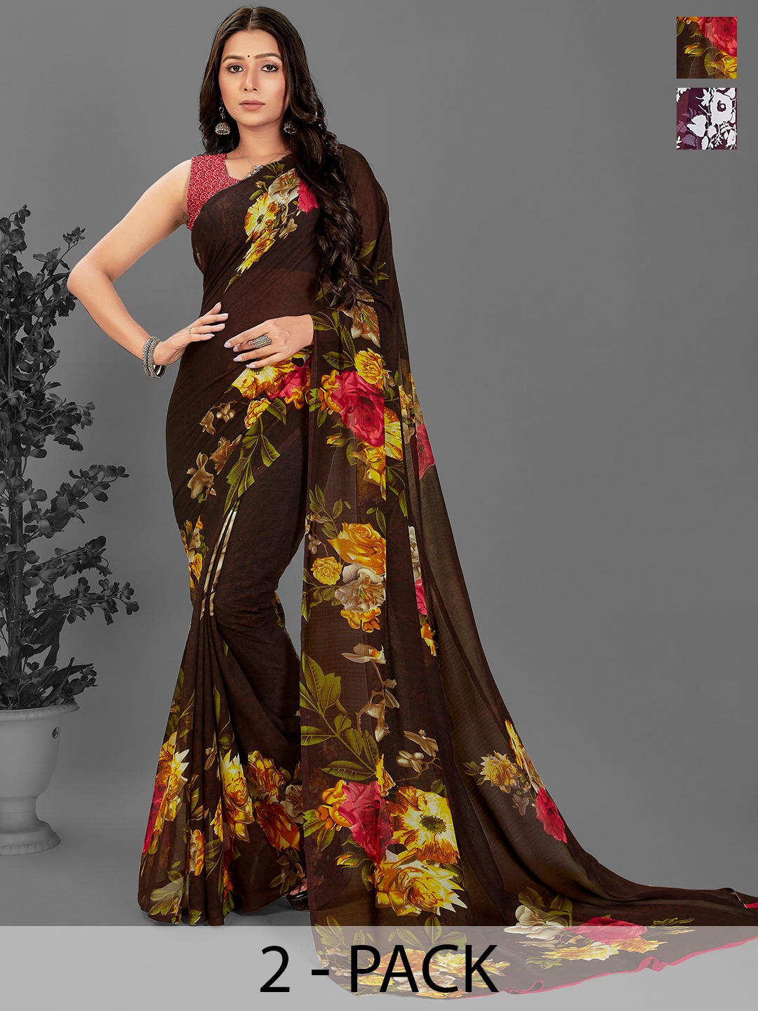 ANAND SAREES Floral Poly Georgette Saree, Black