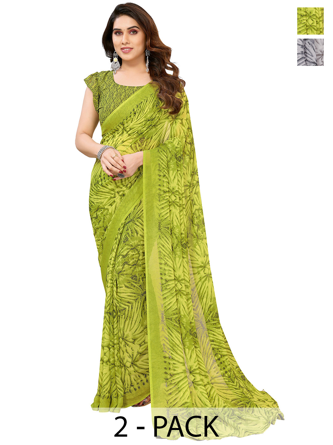 ANAND SAREES Selection Of 2 Floral Printed Saree, Green 
ANAND SAREES Selection Of 2 Floral Printed Saree, Green