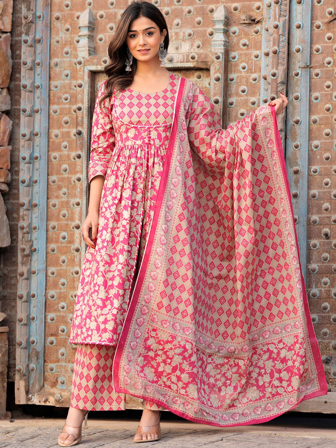 Chandbaali Ethnic Motifs Printed Pure Cotton Anarkali Kurta With Palazzos & Dupatta, Pink
Chandbaali Ethnic Motifs Printed Pure Cotton Anarkali Kurta With Palazzos & Dupatta, Pink